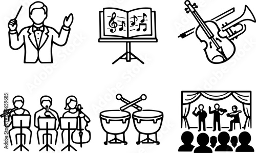 Orchestra classical music performance line icons set
