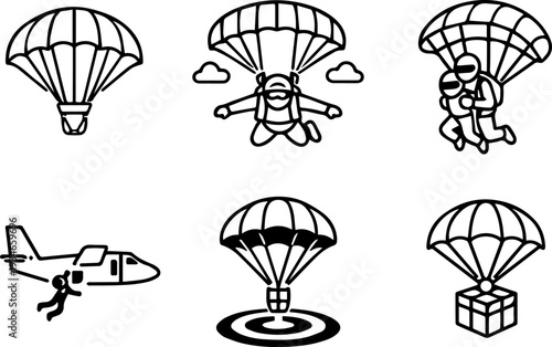 Parachuting and skydiving line icons set