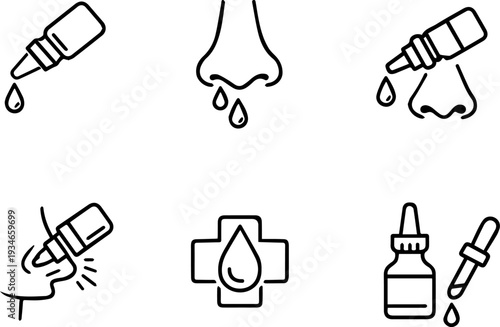 Nasal drops cold treatment medical line icons