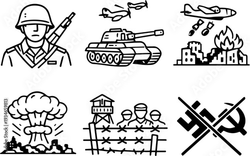 World war military conflict history icons. Vector
