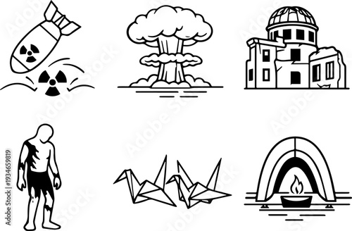 Nuclear explosion global landmark disaster icons
