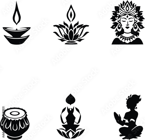 Cultural vector illustration with oil lamp lotus goddess drum yoga meditation spiritual awakening enlightenment devotion harmony