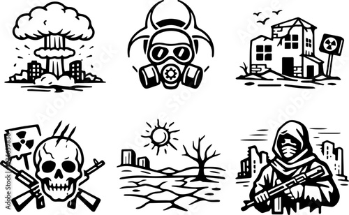 Post apocalyptic disaster survival hazard icons. Vector