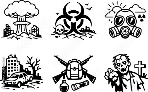 Post apocalyptic disaster survival hazard icons
