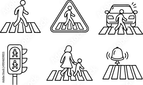 Pedestrian crossing road safety traffic icons
