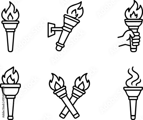 Torch flame fire light symbol icons. Vector