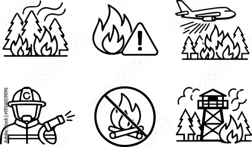 Wildfire forest fire emergency response icons. Vector