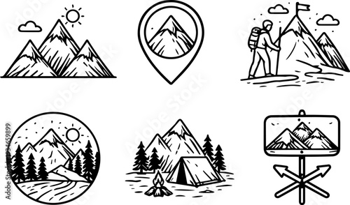 Mountain hiking camping outdoor adventure icons