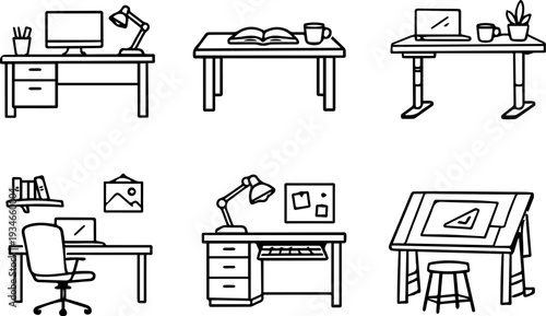 Workspace desks and home office icons. Vector