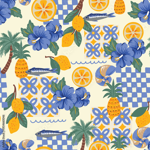 Mediterranean lemons seamless pattern with tropical flowers tiles coastal summer design