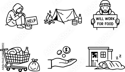 Homeless poverty social help outline icons. Vector