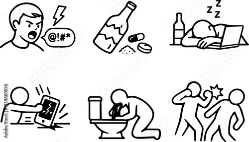 Addiction problems violence crisis outline icons
