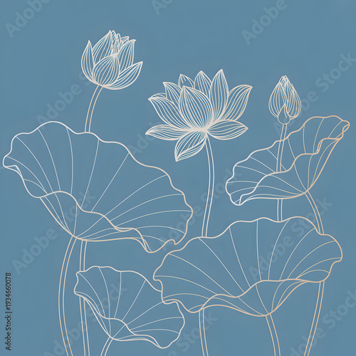 Elegant Lotus Flower Line Art over Swirling Blue Background — Serene Botanical Illustration with Delicate Outlines and Gradient Moonlight Glow for Spa, Yoga and Wellness Designs