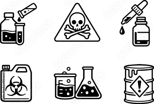 Toxic chemicals hazard safety outline icons. Vector