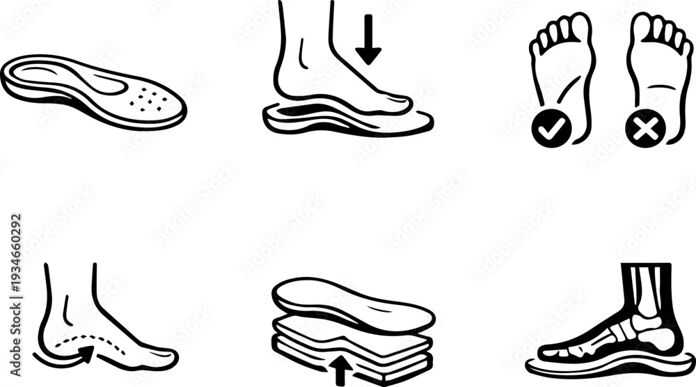 Obraz premium Orthopedic insoles foot support outline icons. Vector