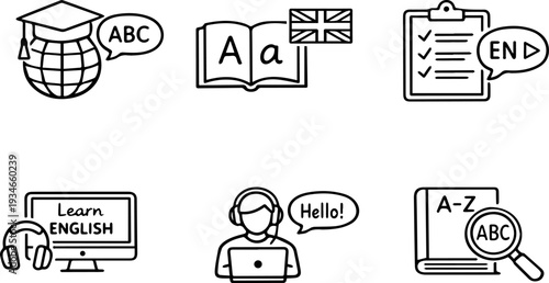 English language learning education outline icon set
