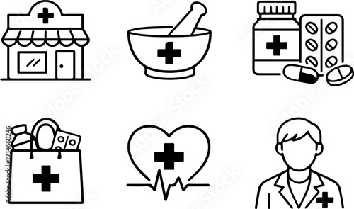 Pharmacy medical healthcare outline icon set
