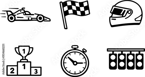 Formula racing motorsport outline icon set. Vector