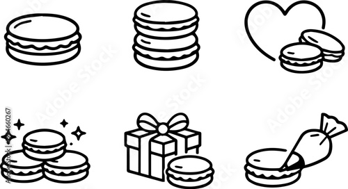 Macaron dessert pastry outline icon set. Vector