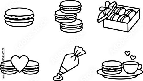 Macaron dessert pastry outline icon set
