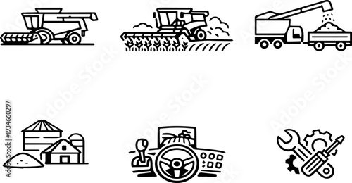 Agriculture harvest machinery outline icon set. Vector