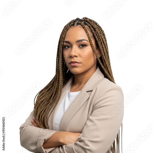 Confident young professional woman with crossed arms isolated on transparent background
