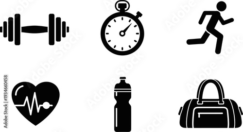 Collection of fitness and health icons including dumbbell, stopwatch, runner, heartbeat, water bottle, and gym bag