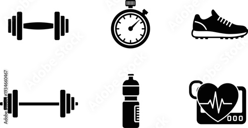 Collection of fitness icons including dumbbells, stopwatch, running shoe, water bottle, and heart monitor