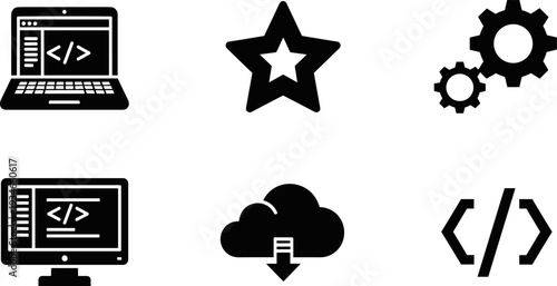Collection of modern flat icons representing coding, cloud computing, and settings