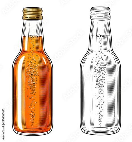 Two glass bottles with carbonated drinks, one filled with orange liquid and the other empty, standing upright side by side