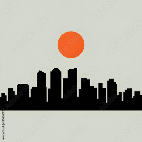 Modern City Skyline Silhouette with Orange Sun — Minimal Urban Landscape Vector in Black and Light Gray for Real Estate, City Branding and Editorial Use