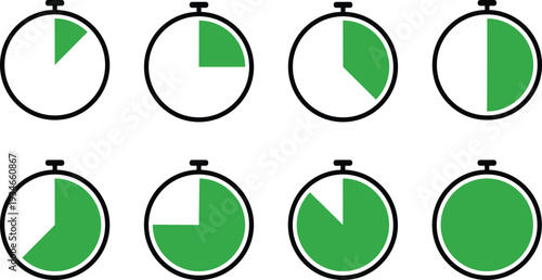 A series of green pie charts in various stages of completion within stopwatch icons