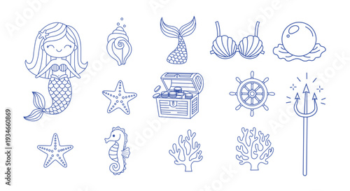 Collection of mystical and magical symbols and illustrations in blue tones