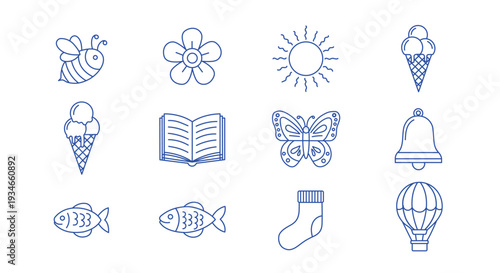 Blue Outline Vector Icon Set with Bee, Flower, Sun, Ice Cream, Book, Butterfly, Bell, Fish, Sock and Hot Air Balloon Illustration