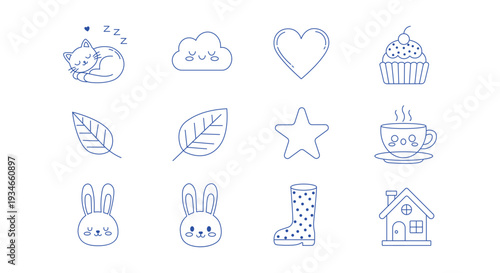 Collection of whimsical easter themed icons featuring bunnies eggs and other springtime symbols in a sketchy style