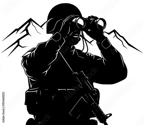 ars while holding a rifle, set against a mountainous background, army, binocular, black, gun, illustration, machine gun, man, profile, rifle, soldier, telescope, weapon, against transparent background