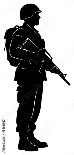 silhouette of a soldier standing with a rifle and carrying a backpack, army, black, catch, guard, gun, machine gun, man, profile, rifle, soldier, stand, uniform, weapon, against transparent background