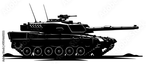 A black and white silhouette of a military tank, army, black, illustration, profile, tank, turret, against transparent background