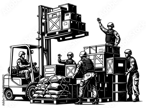 ctor illustration, box, cart, construction worker, container, crane, crate, equipment, forklift, illustration, job, lift, load, man, package, palette, warehouse, worker, against transparent background