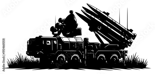 A military vehicle with a missile launcher on the back, set against a grassy background, army, equipment, illustration, missile, rocket, tank, truck, vehicle, against transparent background