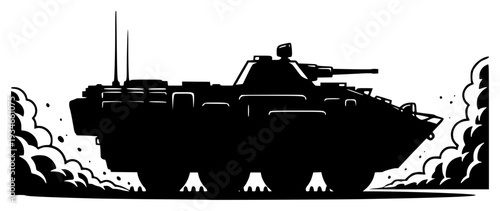  silhouette of an armored vehicle with smoke coming out of it, army, army tank, battleship, black, boat, illustration, image, profile, sea, tank, vessel, warship, water, against transparent background