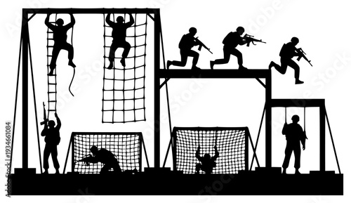 roup of silhouettes of soldiers engaged in various activities on a climbing frame, cage, gun, jump, machine gun, man, net, person, play, profile, rifle, soldier, weapon, against transparent background