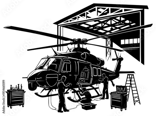 ter being serviced by two men., black, equipment, hangar, hanger, helicopter, illustration, job, ladder, lift, man, mechanic, profile, repair, technician, tool, toolbox, against transparent background