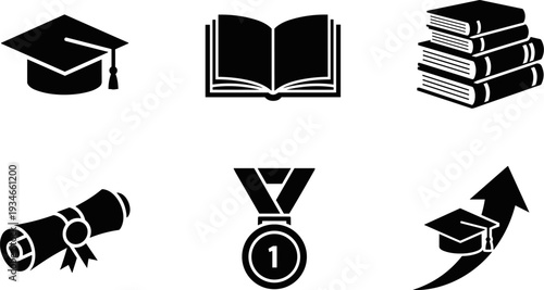 Collection of graduation and education icons including mortarboard, books, diploma, and medal