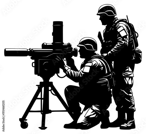 soldiers in silhouette with a machine gun, army, equipment, gun, illustration, machine gun, man, profile, rifle, soldier, squat, telescope, tripod, video camera, weapon, against transparent background