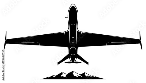 A black and white silhouette of an airplane flying over a mountain range, black, fly, illustration, mountain, mountain landscape, plane, profile, sky, against transparent background