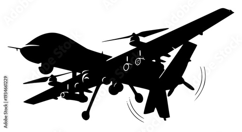 A black and white silhouette of an unmanned aerial vehicle flying in the air, army, black, fighter jet, fly, illustration, plane, profile, propeller, sky, against transparent background