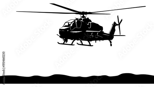 A black and white silhouette of a military helicopter flying over mountains, black, fly, helicopter, illustration, land, profile, sea, sky, water, wind turbine, against transparent background