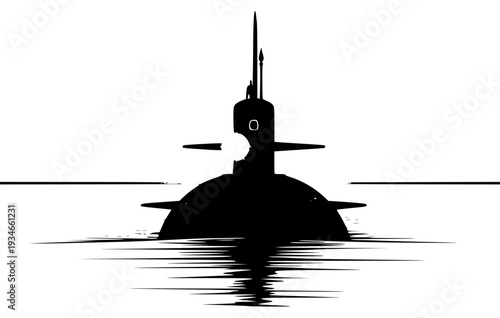 A silhouette of a submarine reflecting in calm water with a gradient background, boat, calm, illustration, plane, sea, submarine, vessel, warship, water, against transparent background