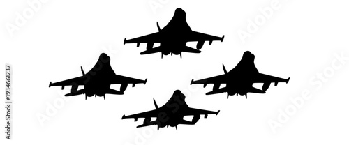Four fighter jets silhouetted against a cloudy sky, army, cloudy, fighter jet, fly, formation, jet, plane, profile, sky, against transparent background